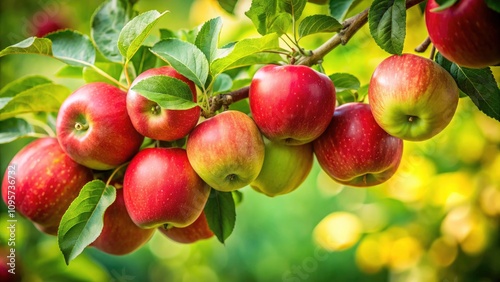 Freshly Picked Apples on a Branch - Vibrant Red and Green Fruits Surrounded by Lush Green Leaves in a Natural Setting, Perfect for Organic Produce, Healthy Eating, and Seasonal Themes