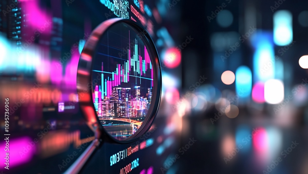 A magnified view of digital stock market data with city lights. A magnified view of digital stock market data with city lights.