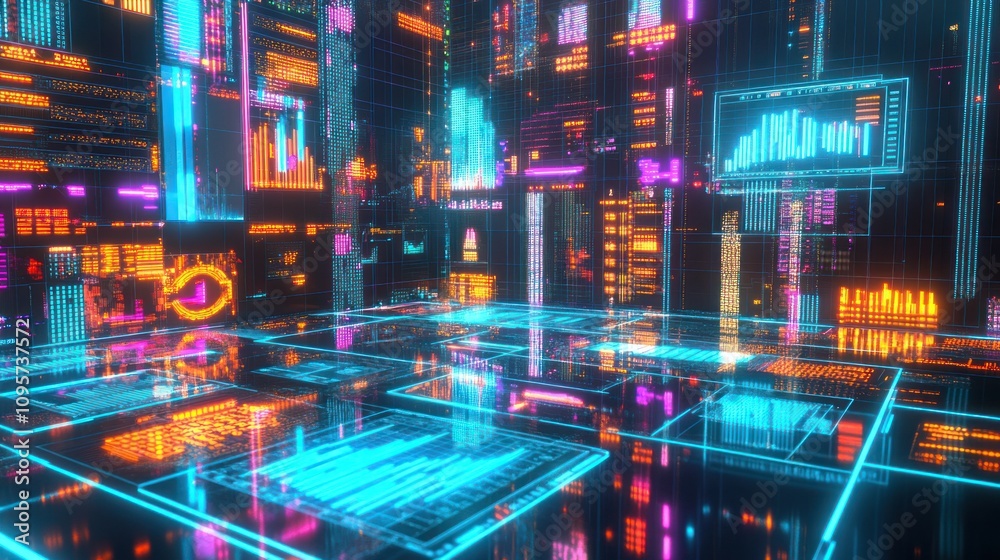 A vibrant digital landscape featuring glowing data visualizations and futuristic elements. A vibrant digital landscape featuring glowing data visualizations and futuristic elements.