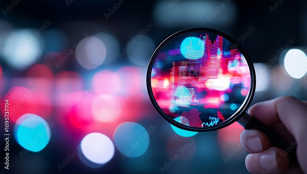 A hand holding a magnifying glass over blurred colorful lights. A hand holding a magnifying glass over blurred colorful lights.