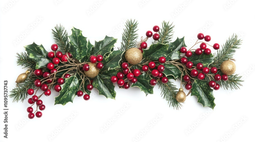 A festive arrangement of holly, berries, and ornaments for holiday decoration. A festive arrangement of holly, berries, and ornaments for holiday decoration.