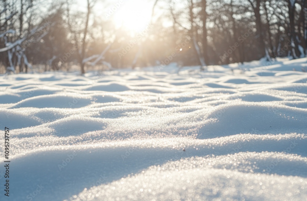 A serene winter landscape with sparkling snow and sunlight filtering through trees. A serene winter landscape with sparkling snow and sunlight filtering through trees.