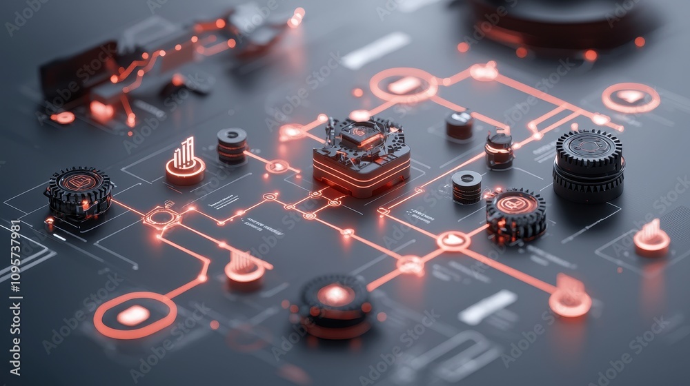 Fototapeta premium Futuristic Technology Concept with Circuit Patterns and Neon LED Lights Reflecting a Modern Digital Network and Electronic Components on a Dark Background