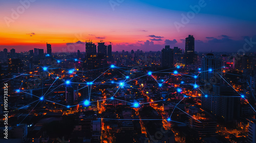 Wallpaper Mural Smart digital city with connection Innovation network reciprocity over the cityscape . Concept of future smart wireless digital city and social media networking systems that connects business people Torontodigital.ca