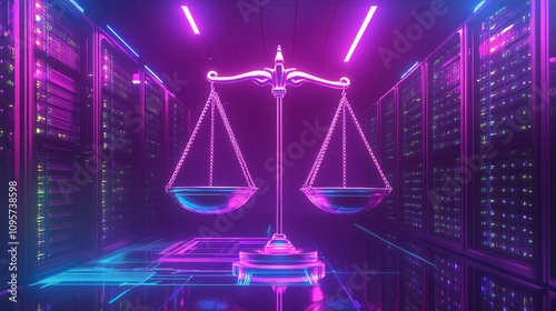 Digital justice balancing scales in a neon cyber environment virtual courtroom futuristic technology viewpoint photo