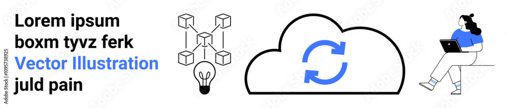 Blockchain network, lightbulb, cloud with sync arrows, and woman with laptop. Ideal for technology, blockchain, cloud computing, sync, innovation, digital solutions, remote work. Landing page Blockchain network, lightbulb, cloud with sync arrows, and woman with laptop. Ideal for technology, blockchain, cloud computing, sync, innovation, digital solutions, remote work. Landing page