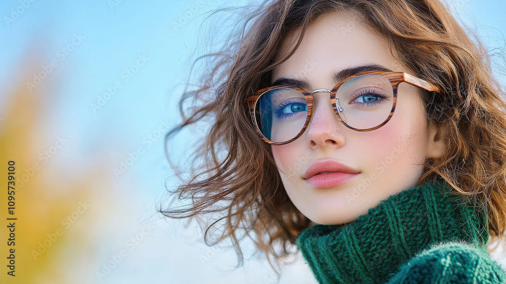 young woman with curly hair wears stylish eyeglasses and green sweater, showcasing modern and eco friendly fashion look. Her expression is confident and serene, set against bright outdoor background young woman with curly hair wears stylish eyeglasses and green sweater, showcasing modern and eco friendly fashion look. Her expression is confident and serene, set against bright outdoor background