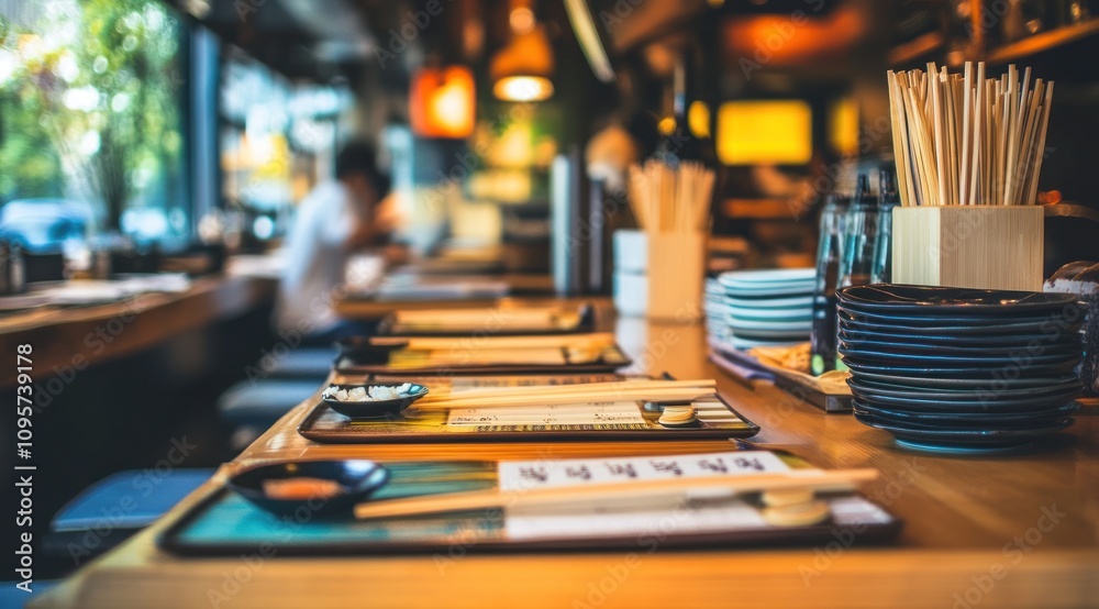 A cozy restaurant setting with neatly arranged dining utensils and plates, ready for guests. A cozy restaurant setting with neatly arranged dining utensils and plates, ready for guests.