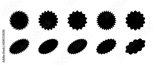 Starburst price. Round and oval sunburst labels and buttons. Simple icon for promotion design. Vector illustration. Black icons on white background.