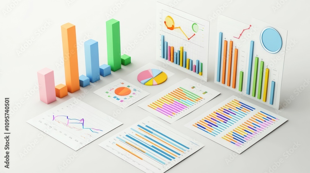 A collection of colorful graphs and charts representing data analysis and statistics. A collection of colorful graphs and charts representing data analysis and statistics.