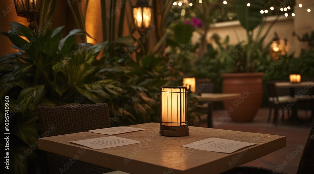 A cozy outdoor dining setting with a lit lantern and menus on a table surrounded by plants. A cozy outdoor dining setting with a lit lantern and menus on a table surrounded by plants.
