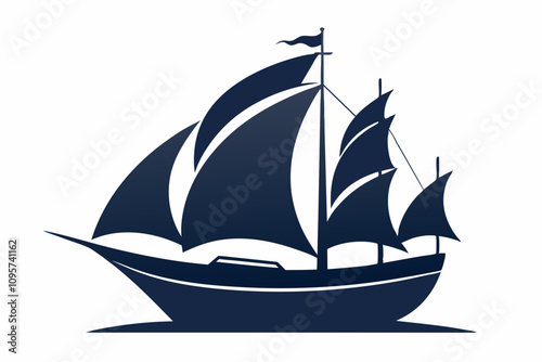 Sailer boat ship silhouette vector style white background. Ship silhouette line art illustration isolated on white
