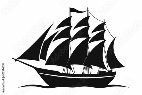 Sailer boat ship silhouette vector style white background. Ship silhouette line art illustration isolated on white
