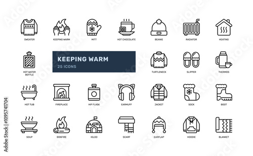 keeping warm winter fashion and household warmer outline line icon set