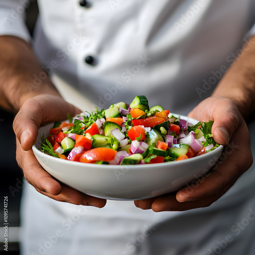 Chef serving fresh vegetable salad in kitchen culinary art indoor environment close-up perspective healthy cooking concept