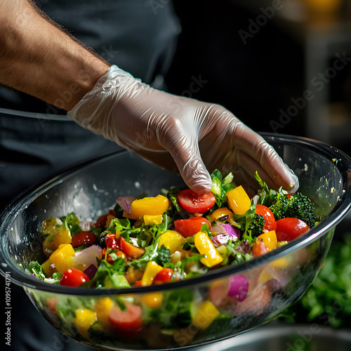Chef preparing colorful vegetable salad kitchen food photography bright environment close-up viewpoint culinary creativity
