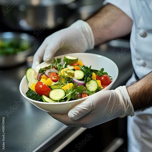 Chef serving fresh vegetable salad in kitchen culinary action indoor environment professional perspective healthy eating concept