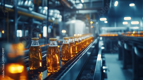 Bottling Line in Action: Amber Liquid on the Factory Conveyor Belt. AI Generated