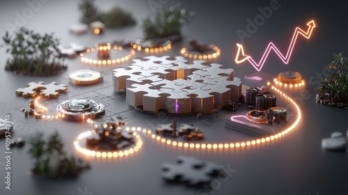 Abstract representation of a digital ecosystem featuring puzzle pieces and glowing lights, symbolizing connection, growth, and innovation in a modern technology landscape