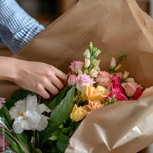 Online shop employee wrapping colorful flower bouquets urban workspace floral arrangement bright environment close-up view creativity