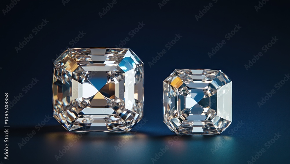Two sparkling gemstones displayed against a dark background, showcasing their clarity and cut. Two sparkling gemstones displayed against a dark background, showcasing their clarity and cut.