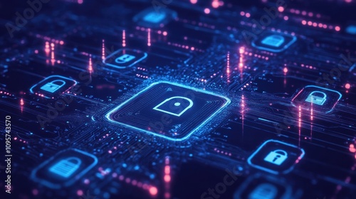 A digital representation of cybersecurity with padlocks and circuit patterns.