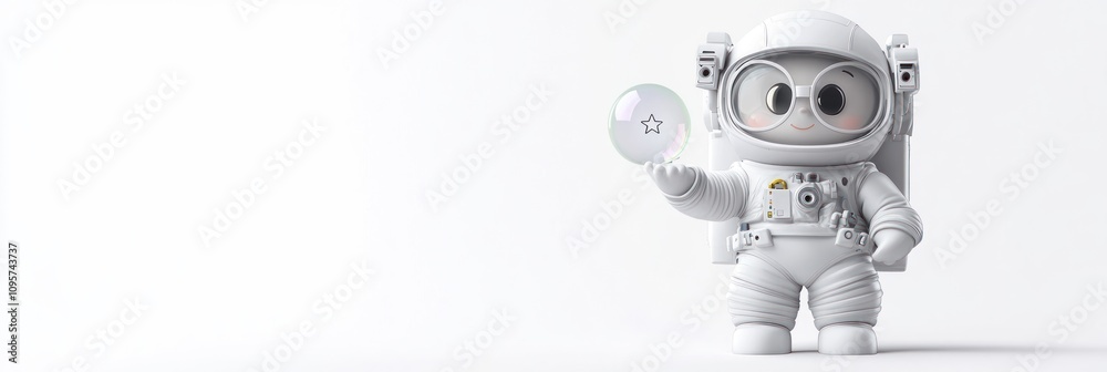 A cute astronaut character holding a bubble against a minimalist background. A cute astronaut character holding a bubble against a minimalist background.