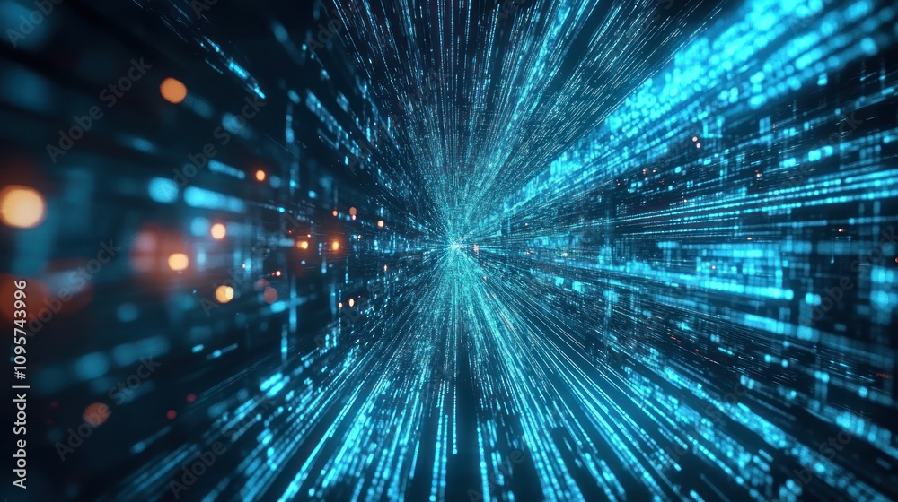 Abstract representation of digital data movement with blue and orange light streaks. Abstract representation of digital data movement with blue and orange light streaks.