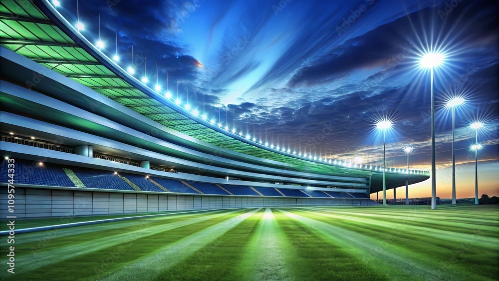 Stunning Sunset at a Modern Sports Stadium with Bright Floodlights Illuminating the Grass and Dramatic Sky for an Electrifying Game Experience Stunning Sunset at a Modern Sports Stadium with Bright Floodlights Illuminating the Grass and Dramatic Sky for an Electrifying Game Experience