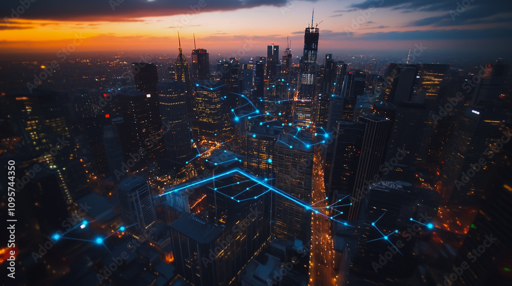 Fototapeta premium Smart digital city with connection Innovation network reciprocity over the sunset cityscape Concept of future wireless digital city and social media networking systems that connects business people