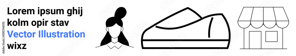 Woman icon with bun hairstyle, sports shoe outline, and storefront with awning. Ideal for e-commerce, retail, fashion, shopping, online stores, small business, branding. Landing page Woman icon with bun hairstyle, sports shoe outline, and storefront with awning. Ideal for e-commerce, retail, fashion, shopping, online stores, small business, branding. Landing page