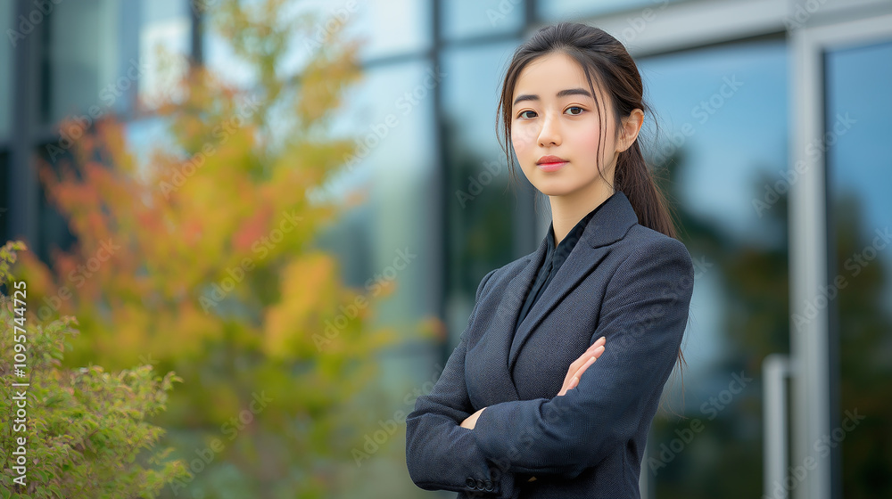 Japanese model in blazer and trousers, posing in front of modern glass building - Clean and professional, bright and sharp Japanese model in blazer and trousers, posing in front of modern glass building - Clean and professional, bright and sharp