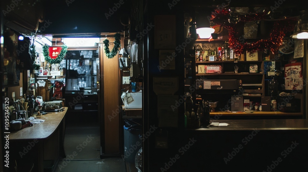 A dimly lit bar interior decorated for the holidays, showcasing shelves of bottles and a counter. A dimly lit bar interior decorated for the holidays, showcasing shelves of bottles and a counter.