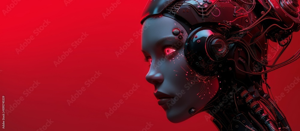 Futuristic red-themed cyborg woman, cyberpunk design, blending human and machine in a conceptual art depiction. Futuristic red-themed cyborg woman, cyberpunk design, blending human and machine in a conceptual art depiction.