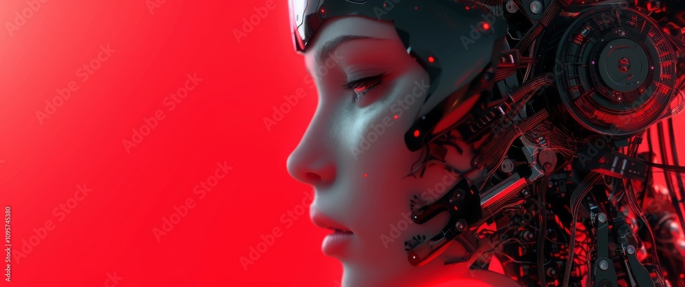 A futuristic female cyborg with a sleek design, glowing circuits and red tones, exploring technology, humanity, and the future in vivid detail. A futuristic female cyborg with a sleek design, glowing circuits and red tones, exploring technology, humanity, and the future in vivid detail.