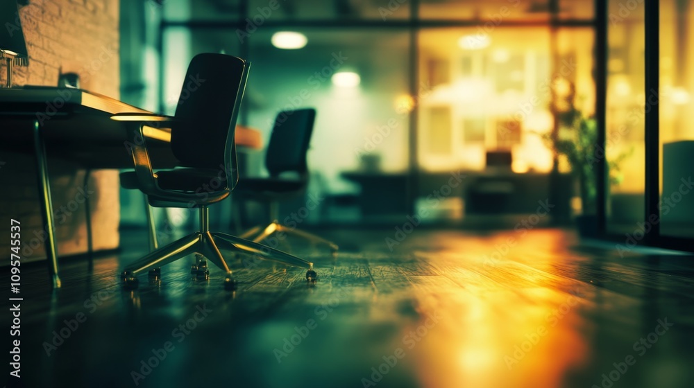 Modern office environment evening ambiance interior design urban workspace aesthetic viewpoint innovation focus Modern office environment evening ambiance interior design urban workspace aesthetic viewpoint innovation focus