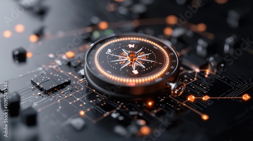 Futuristic Compass on Circuit Board Background with Glowing Connections, Symbolizing Navigation and Technology in Modern Digital World