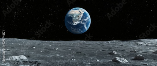 Lunar surface with Earth in view, a cosmic scene, blending detail and vast celestial wonder. photo