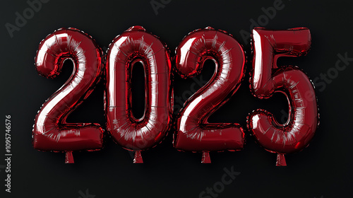 Red metallic 3d balloons 2025 on black background. 2025 new year concept.