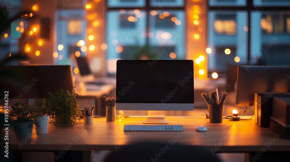 Evening workspace glow modern office digital content cozy environment warm viewpoint productivity concept Evening workspace glow modern office digital content cozy environment warm viewpoint productivity concept