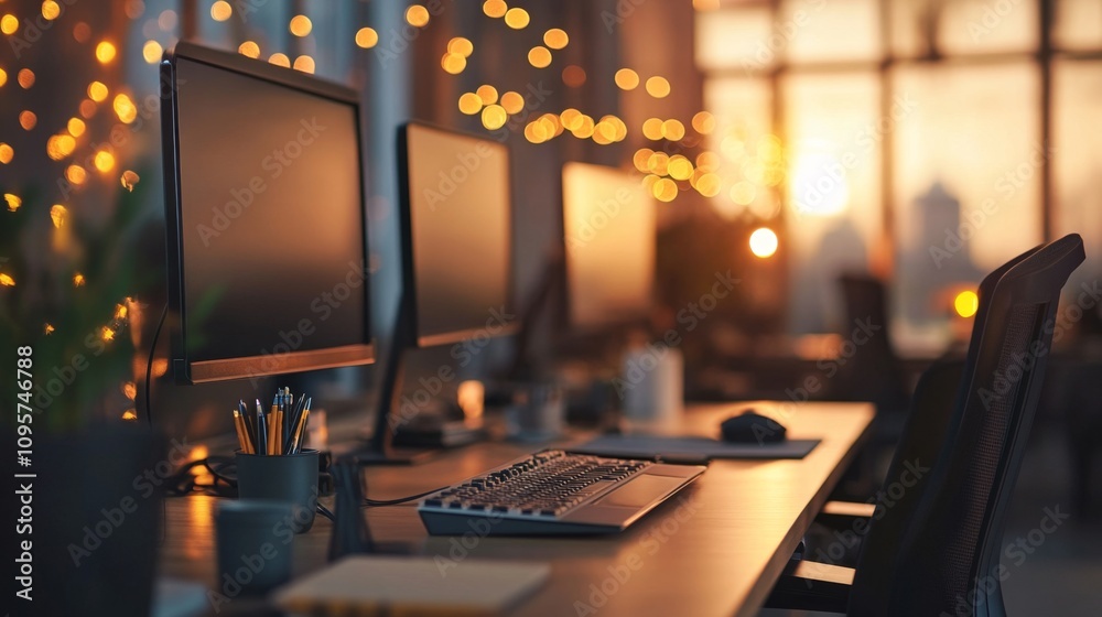 Evening workstation scene modern office digital workspace cozy ambiance warm lighting productivity concept