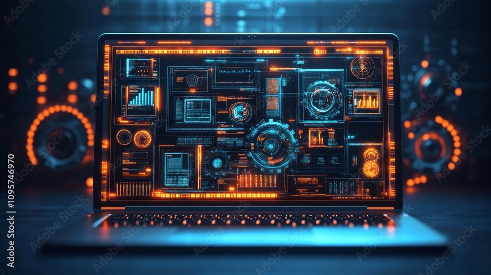 Laptop displaying futuristic digital interface with data analytics and graphs. Laptop displaying futuristic digital interface with data analytics and graphs.