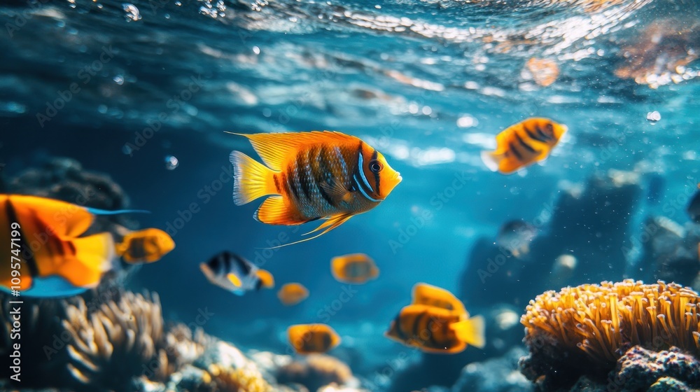 Fototapeta premium Vibrant underwater scene featuring colorful fish swimming among coral reefs.