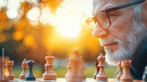 A group of seniors deeply engrossed in a game of chess in a park, their concentration and strategic thinking on full display.