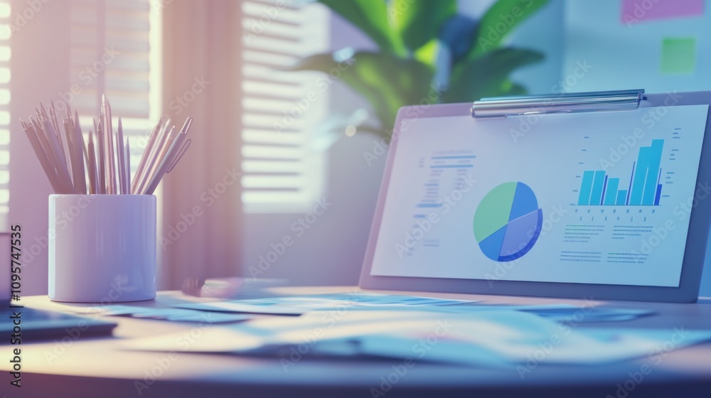 A workspace featuring charts, graphs, and office supplies for data analysis.
