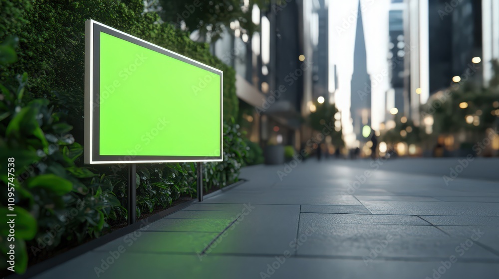 Fototapeta premium A green billboard with a white background sits in front of a green hedge