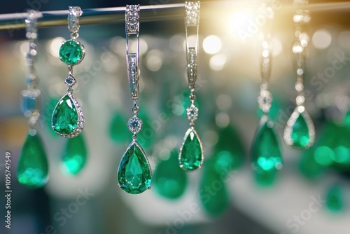 A collection of elegant emerald earrings displayed with sparkling details and vibrant colors.