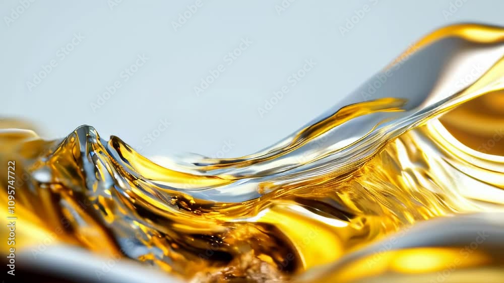 Abstract close-up of molten gold and silver liquid waves, featuring flowing curves and a glossy, reflective texture, exuding luxury.