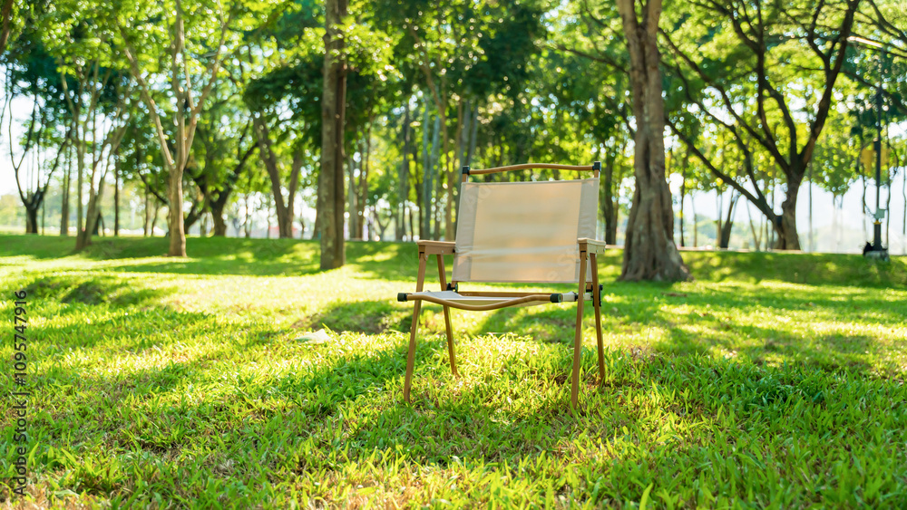 folding camp chair standing on the meadow in the parkland. folding camp chair standing on the meadow in the parkland.