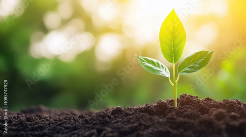 A small green plant is growing in the dirt